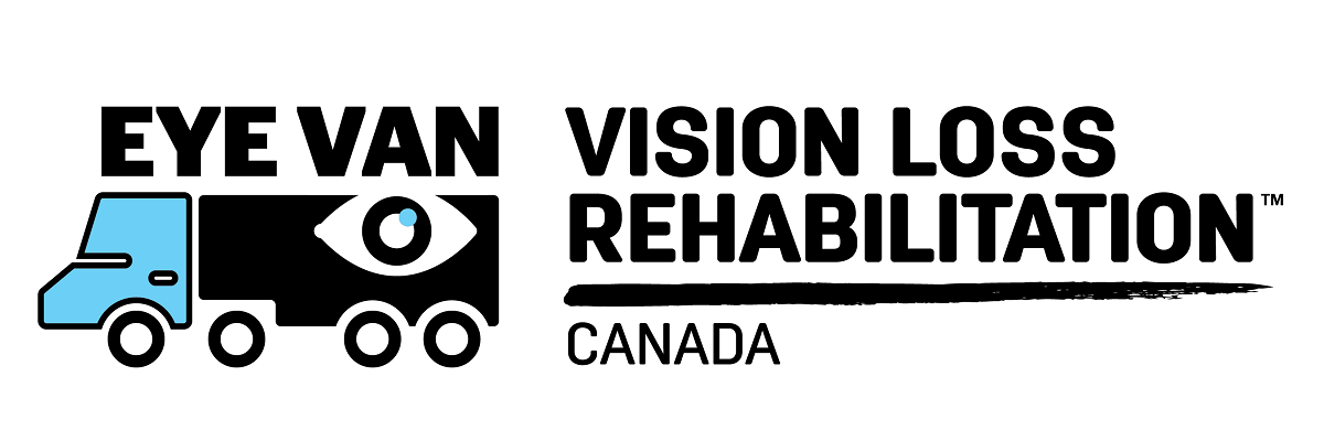 Logo de la fourgonnette Réadaptation en déficience visuelle Canada, montrant une icône représentant une remorque de camion bleu et noir avec un œil stylisé