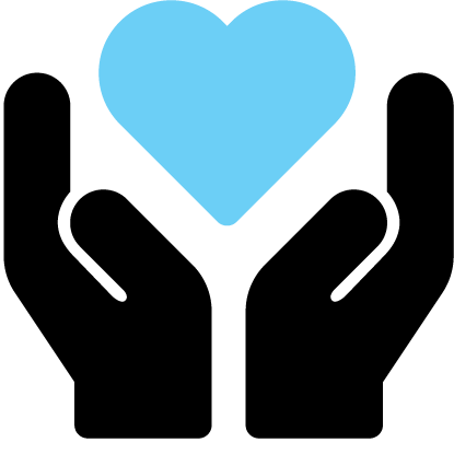 An icon of black hands cupping a blue heart in the air