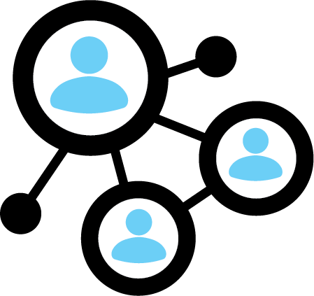 An icon featuring circles and people figures representing networking or expanded reach.