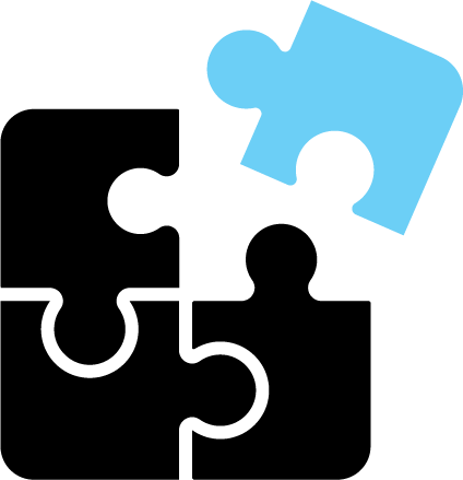 An icon of three black puzzle pieces together with a blue piece close to completing it