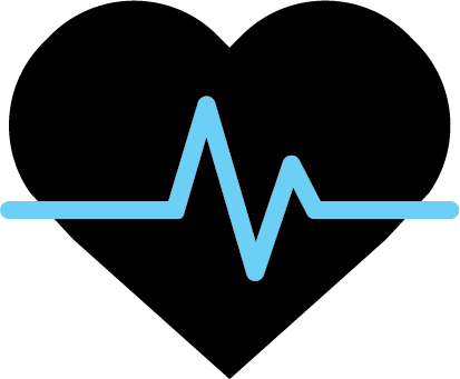 An icon of a black heart with a blue heartbeat line going through it.)