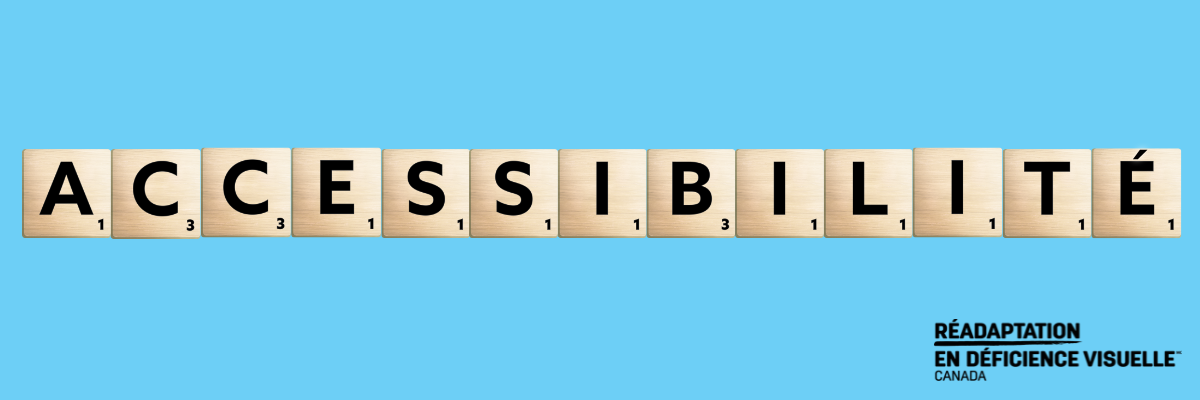 Le mot « Accessibilité » est épelé à l'aide de lettres de Scrabble sur un fond bleu, avec le logo RDVC en bas à droite.