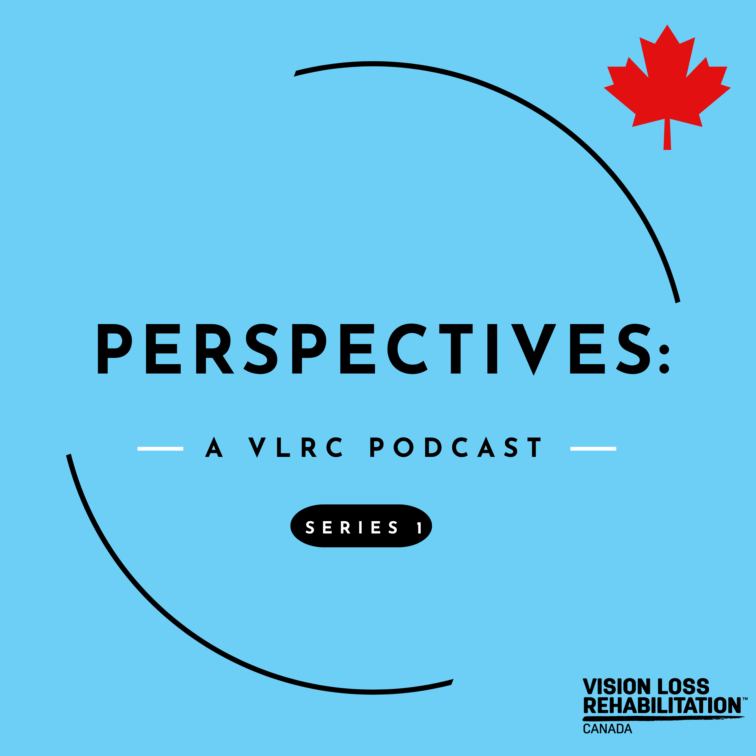 Square graphic with a light blue background, the title "PERSPECTIVES: A VLRC Podcast," abstract black curves, and a red maple leaf in the upper-right corner