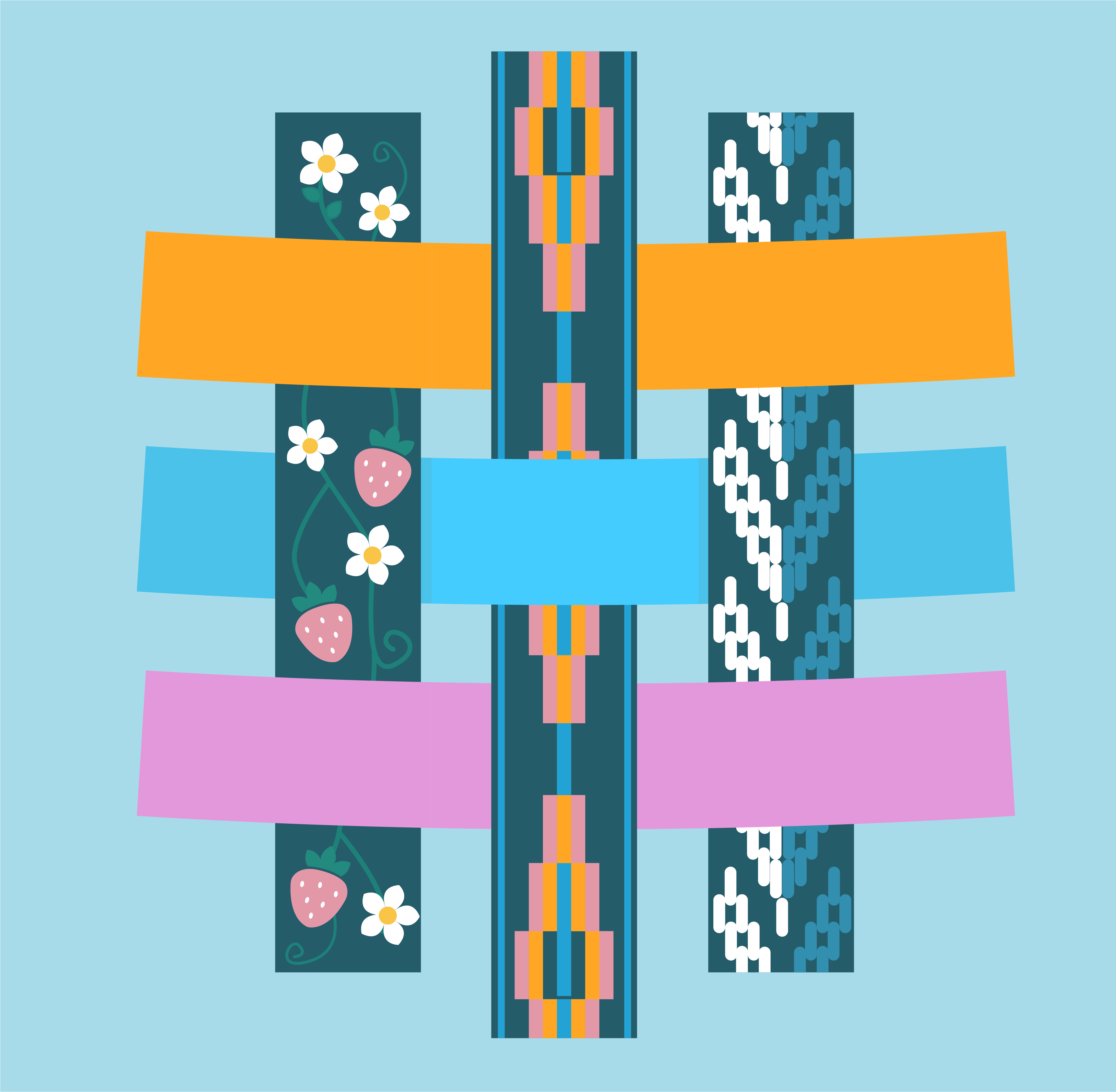 Geometric design with 3 vertical teal bars with Indigenous patterns intersected by horizontal orange, light blue, and pink bars. White flowers and strawberries are also visible.