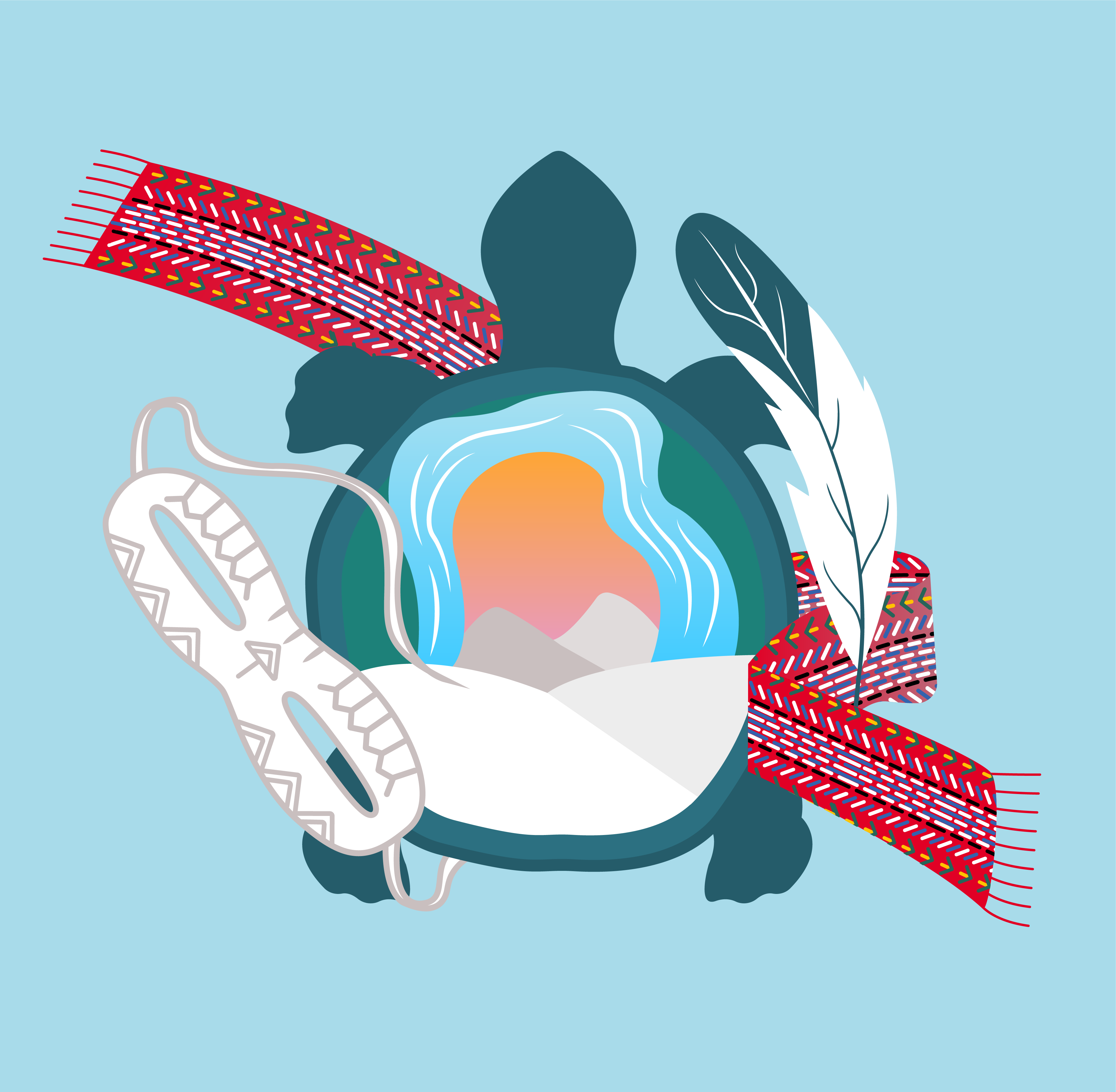 Illustration depicting a dark teal turtle with a vibrant landscape in its shell, a white feather, an Indigenous-patterned eye mask, and a red and white patterned sash on a light blue background.