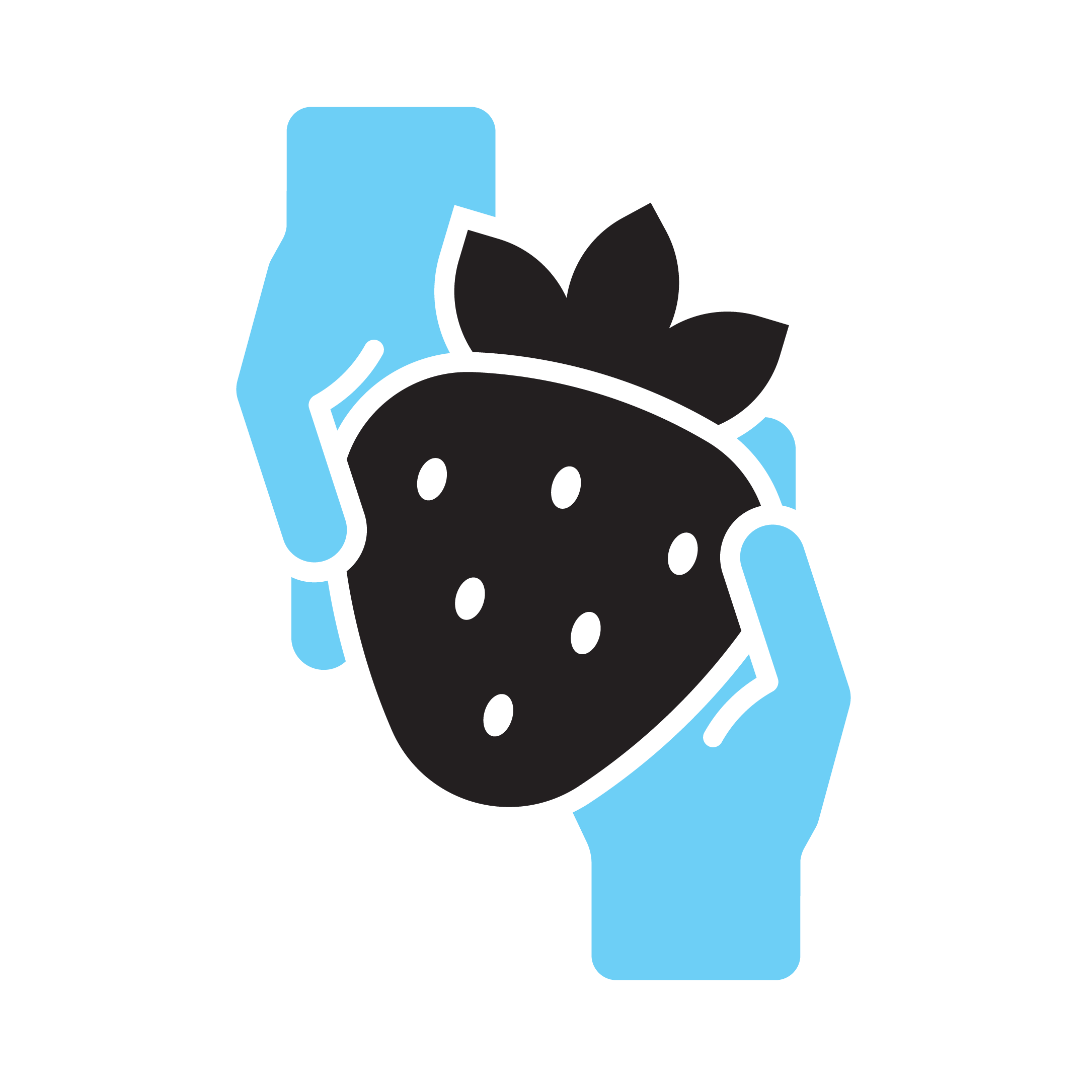 Two light blue hands gently cradle a dark grey strawberry with white seeds.