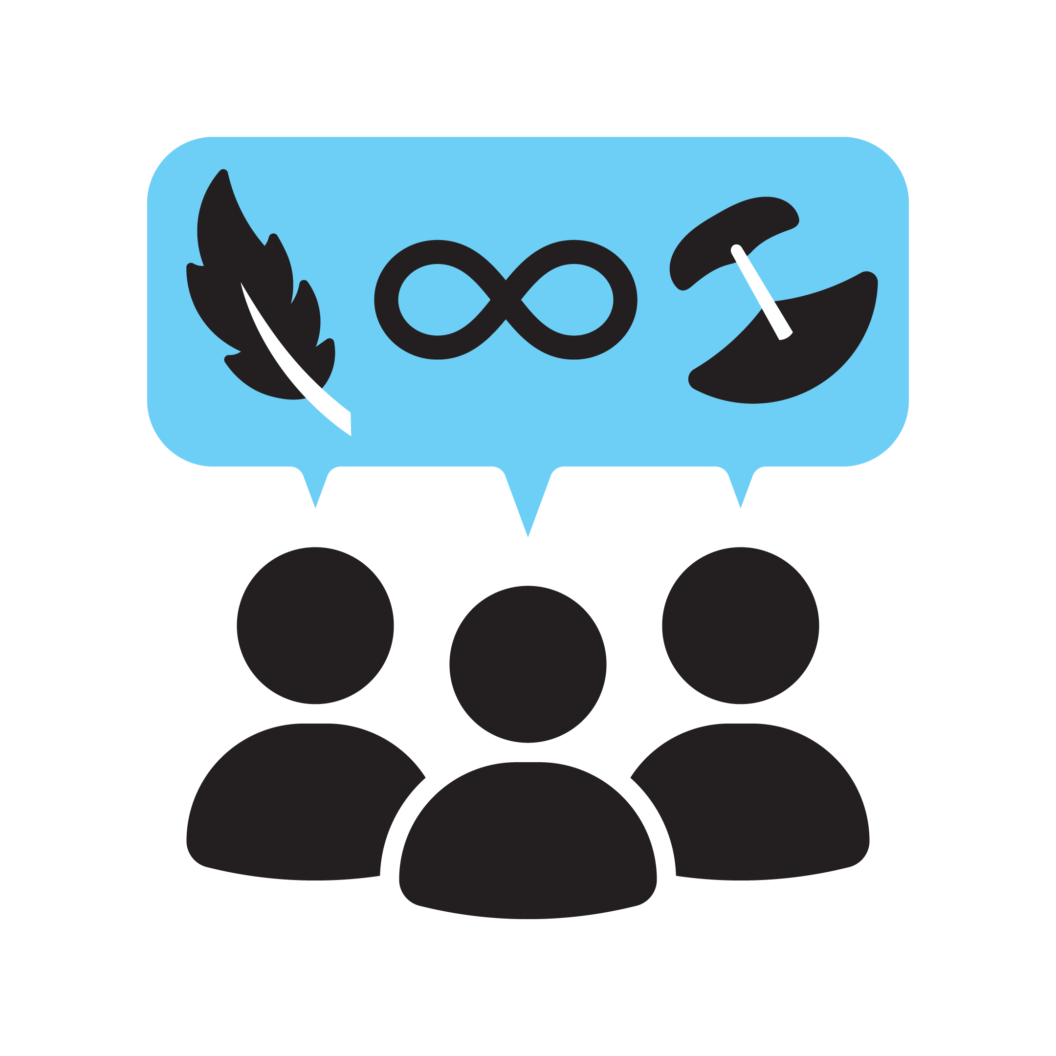 Three silhouetted figures have a light blue thought bubble above them, containing a feather, an infinity symbol, and a stylized axe or traditional tool.