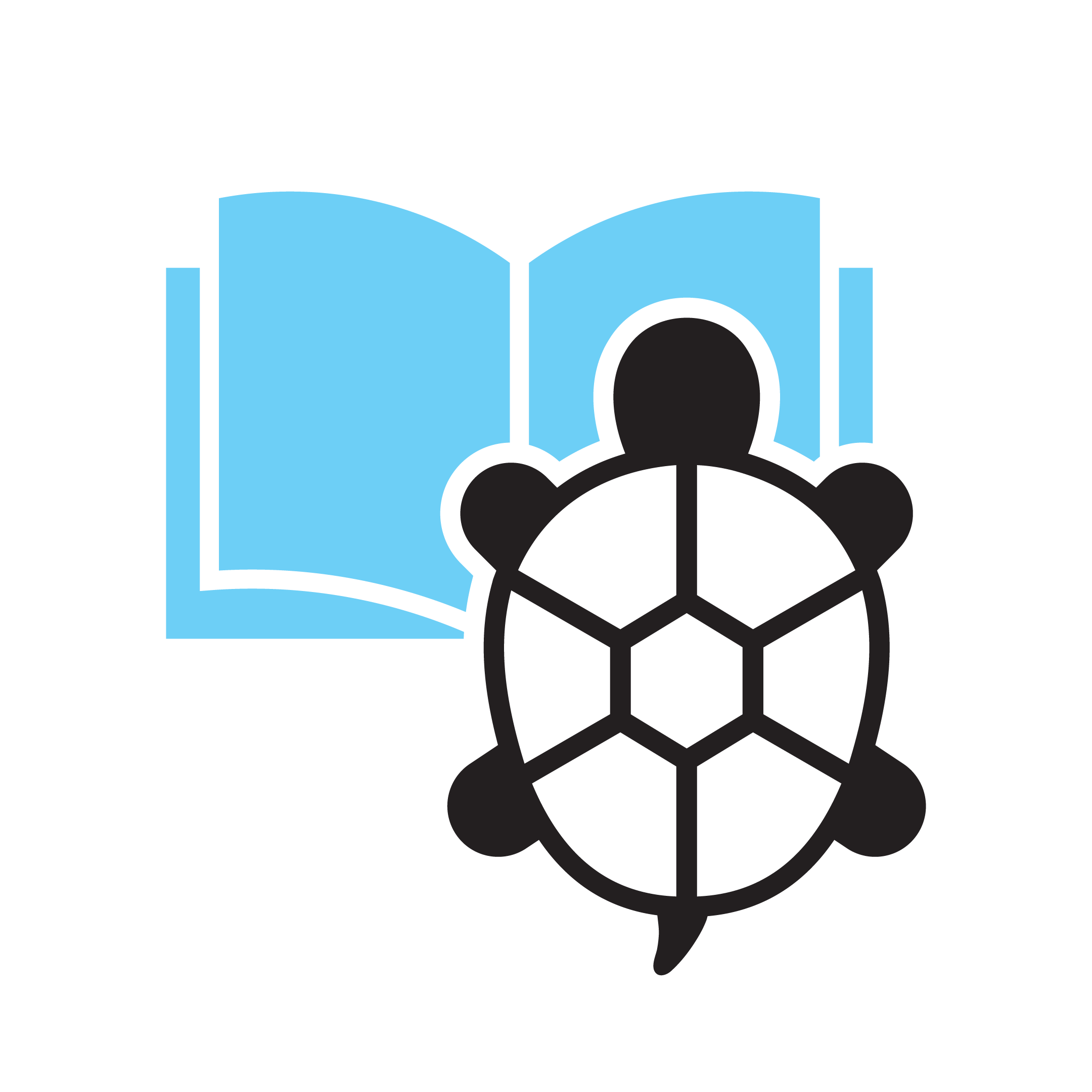 A light blue open book stands behind a dark grey stylized turtle facing right.