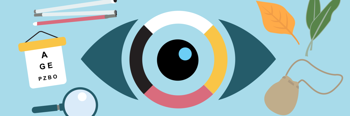 An illustration shows an eye with a 4-colour iris (black, white, red, yellow) on a light blue background. Surrounding it are items: a white cane with a red tip and a black strap, an eye chart, a magnifying glass, two green sage leaves, a single orange leaf, and a small brown pouch with a strap.