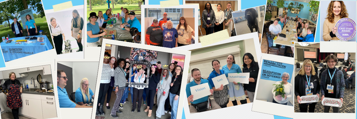 Collage d'une douzaine de photos de type Polaroid montrant des collègues heureux participant à diverses activités.