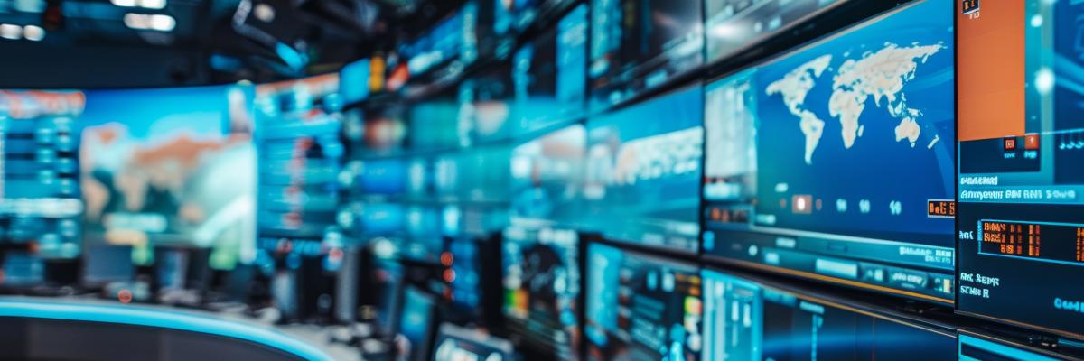 Un studio d'information moderne équipé de plusieurs grands écrans affichant des cartes, des graphiques et des visualisations de données.