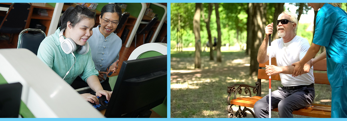 Composite image showing a woman with sight loss being at a computer with a vision loss rehabilitation specialist, and another showing a man with a White Cane on a park bench along with a vision loss rehabilitation specialist