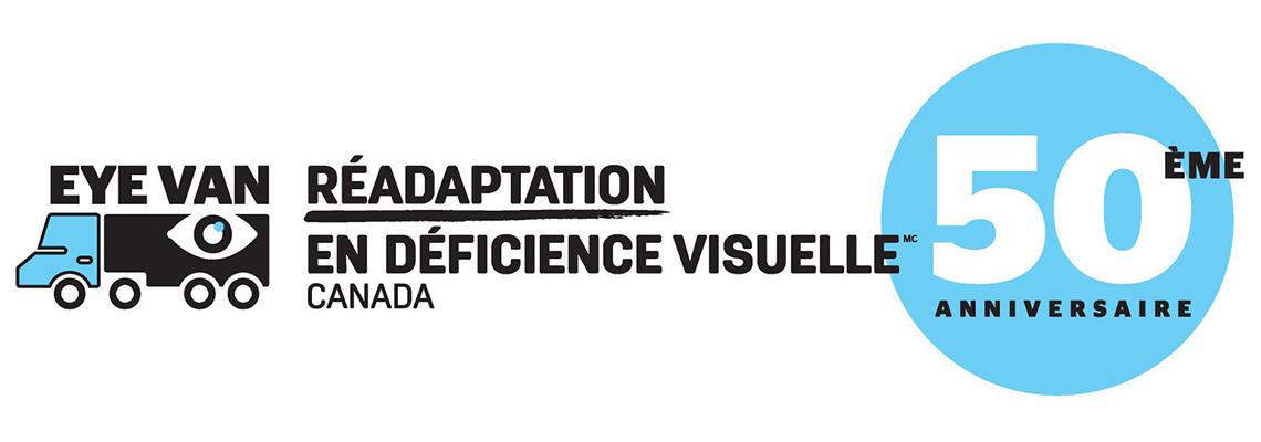 Logo du 50e anniversaire de la Clinique ophtalmologique mobile représentant l'icône d'un camion et les mots « Eye Van Vision Loss Rehabilitation Canada 50th Anniversary ».