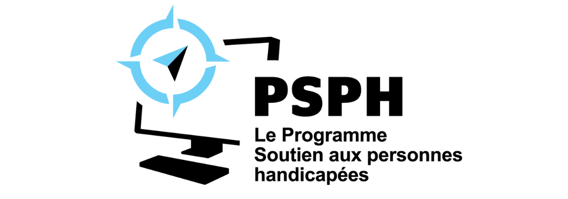Logo du programme PSPH, représentant un écran d'ordinateur stylisé et un symbole de boussole bleue. À droite du graphique, on peut lire : « PSPH – Le Programme Soutien aux personnes handicapées ».