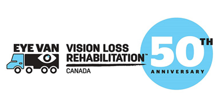 Eye Van 50th anniversary logo featuring icon of a truck and the words “Eye Van”, “Vision Loss Rehabilitation Canada”, and “50th anniversary”