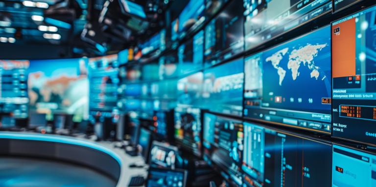 Un studio d'information moderne équipé de plusieurs grands écrans affichant des cartes, des graphiques et des visualisations de données.