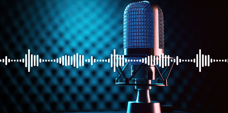 Microphone standing on table with white sound wave lines superimposed. Background colours are blue and black.
